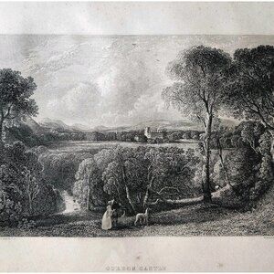 1844 Gordon Castle Engraving Victorian Scotland Greyhound Dogs Couple DWSS18